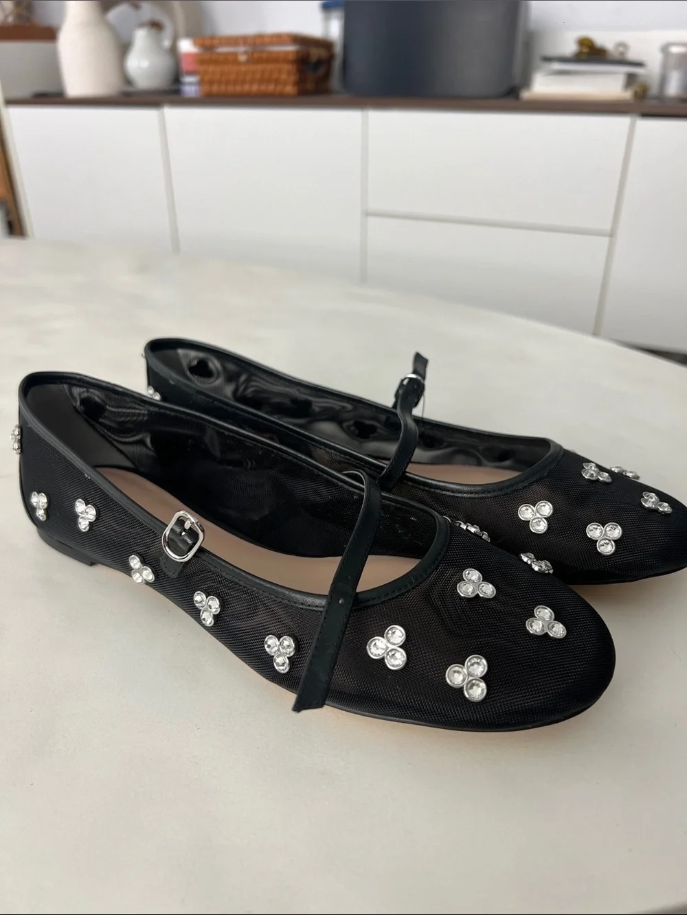 Stuart Weitzman Tammy Mesh & Leather Mary Jane Ballet Flats in Black Sz 8 $495